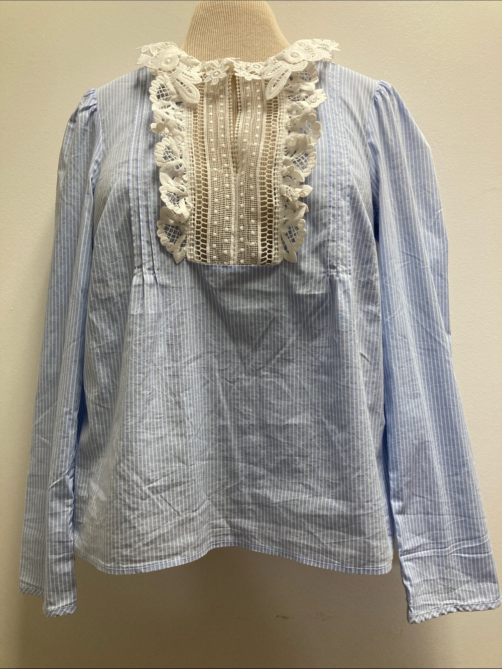 Zara Light Blue Striped Lace-Yoke Blouse